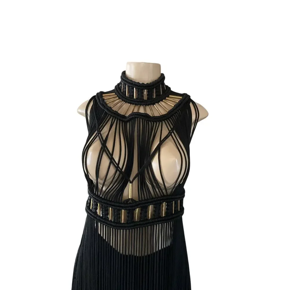 Mexican Handmade Black Fringe Macrame Dress Boho Festival Statement Piece
